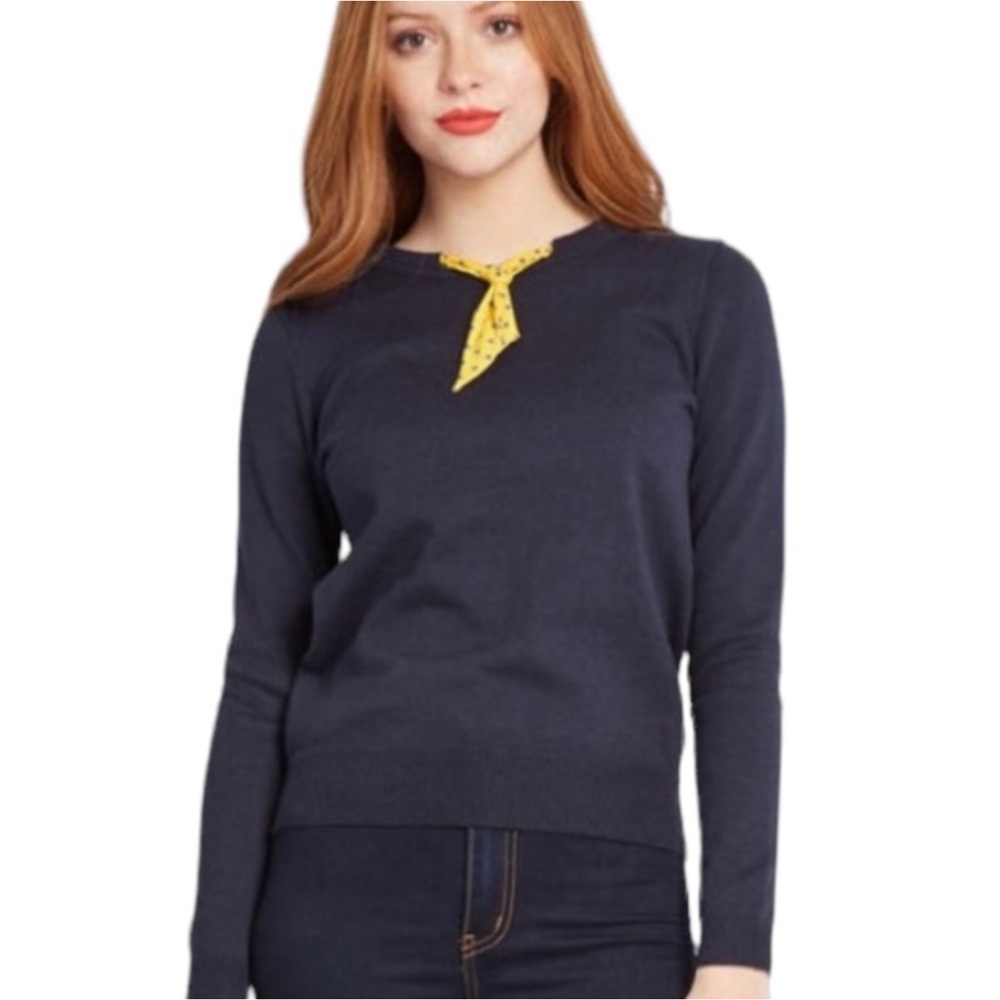 MODCLOTH Duly Parisienne Navy Blue Yellow Polkadot Sweater